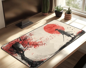 Samurai Desk Mat | Japanese Ink Art, Red Sun Workspace Decor