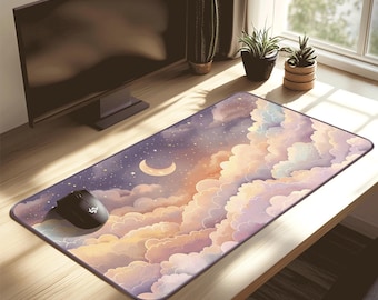 Pastelkleurige Sky Cloud-bureaumat | Hemelse maan Muismat | Dromerige werkruimteconfiguratie