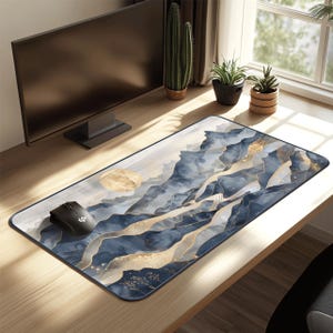 Gold Ink Mountain River Desk Mat | Large Gaming Mousepad