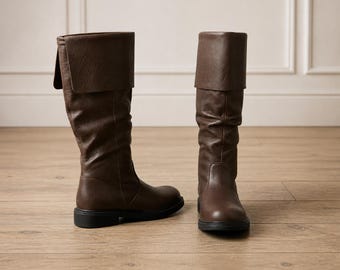 Tall Brown Leather Boots with Fold-Over Cuff | Knee High Slouchy Boots for Men/Women Dark Academia & Cottagecore Aesthetic pirate Boots