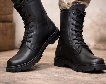 Czarne skórzane buty bojowe męskie | Taktyczne obuwie wojskowe, robocze, turystyczne, motocyklowe