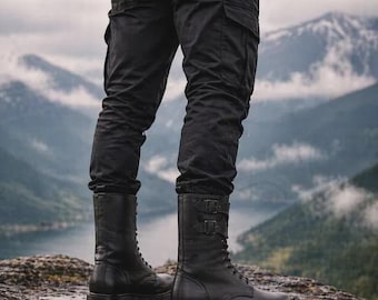 Handmade French Leather Matte Black Buckle Tactical Military Motorcycle this pair of boots features a striking doublebuckle combatsilhouette