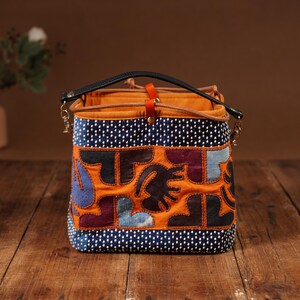 Mini Patchwork Bucket Bag – Handmade Embroidered Top Handle & Crossbody Purse with Removable Chain Strap
