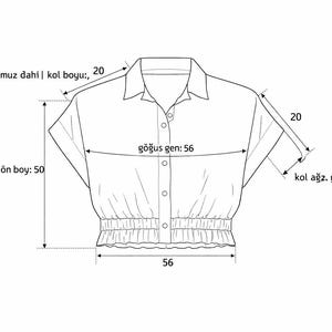 May include: A white, short-sleeved blouse with a collared neckline and button-down front. Measurements are provided: shoulder to sleeve 20, chest 56, front length 50, sleeve opening 28, and bottom width 56, all in centimeters.