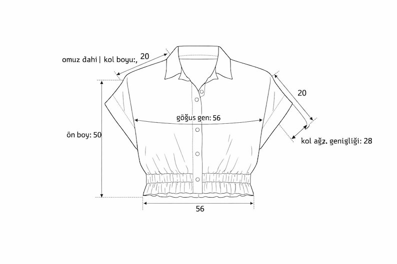 May include: A white, short-sleeved blouse with a collared neckline and button-down front. Measurements are provided: shoulder to sleeve 20, chest 56, front length 50, sleeve opening 28, and bottom width 56, all in centimeters.