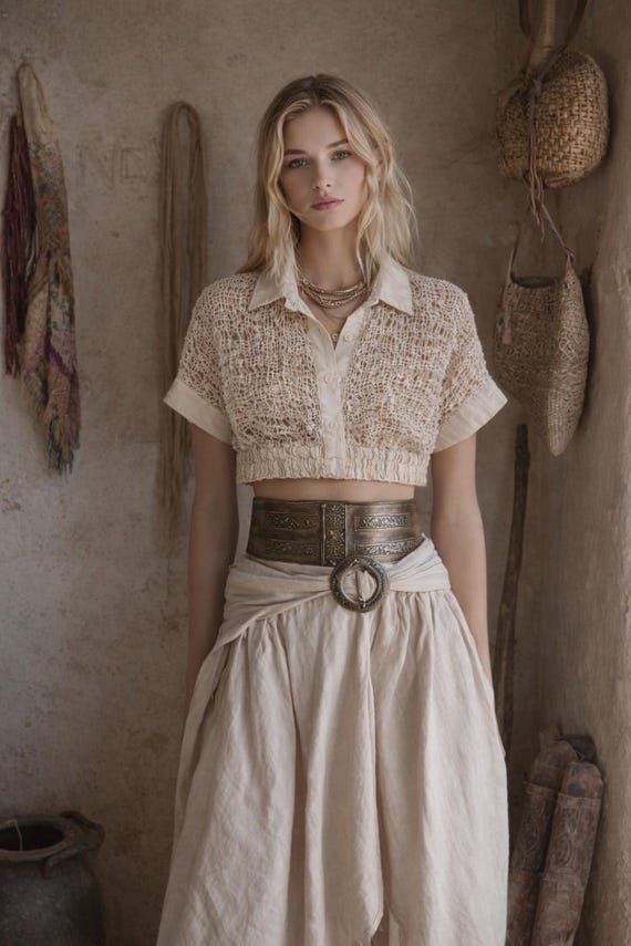 Handwoven Linen Crop Top – Boho Summer Blouse with Mother of Pearl Buttons