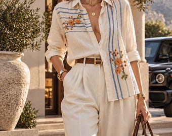 Embroidered Linen Cotton Blend Oversized Shirt Women, Boho Summer Top, Handmade Clothing
