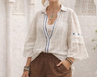 Boho Cotton Tunic, Turkish Woven Shirt, Relaxed Fit Summer Blouse