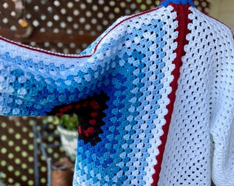 Handmade Oversized Crochet Hexagon Cardigan - Red, White & Blue Bookish Sweater (Size L/XL)