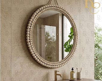 Beaded Wall Bathroom Mirror With Wooden Frame Vanity Mirror, Handmade Boho Bead Mirror, Round Mirror For Living Room Small Wall Mirror