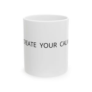 Peut inclure: Mug en céramique blanche avec l'inscription "CREATE YOUR CALM" imprimée en noir. Le mug est cylindrique et présente un design simple et épuré. Parfait pour le café, le thé ou toute boisson.