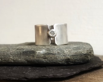 Wide Band Ring - Diamond Ring - Silver and Diamond Ring