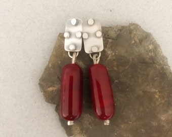 Silver Earrings with Red Fused Glass Beads - Red Earrings - Silver Earrings