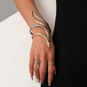 Puede incluir: Un brazalete y anillos con forma de serpiente dorados y plateados. El brazalete se enrolla alrededor del brazo, con la cabeza de la serpiente en la muñeca. Los anillos están diseñados para parecer serpientes que se enrollan alrededor de los dedos.