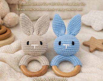 Sonajero de conejito de ganchillo hecho a mano para bebé, mordedor de madera, juguete de madera para bebé sin BPA, sonajero Montessori para recién nacidos, regalo para baby shower, juguete para la habitación del bebé.