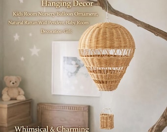 Globo aerostático colgante de mimbre hecho a mano, adorno infantil de ratán natural.