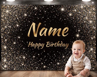 Fondo personalizado en negro y dorado para cumpleaños, pancarta personalizada para fiesta de aniversario con nombre (archivo digital)