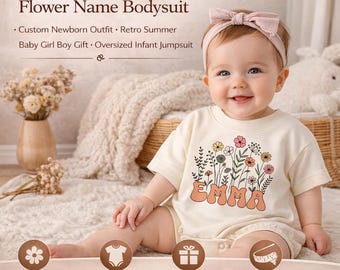 Pelele de bebé personalizado con nombre de flor: Conjunto retro de verano para recién nacidos