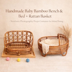May include: Handmade bamboo bench and rattan basket set for newborn photography. The set includes a small bench and a bed-shaped basket, both made of woven bamboo. The bench sits on a wooden tray, and the basket is lined with a soft, white material.