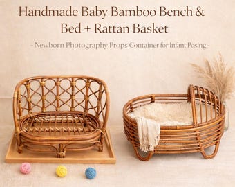 Banco y cama de bambú para bebé hechos a mano / Accesorio para fotografía de recién nacidos / Cesta de ratán para posar en estudio