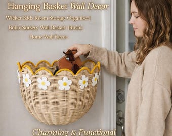 Cesta colgante de ratán tejida a mano, organizador de almacenamiento estilo boho para habitación infantil, decoración rústica de pared.