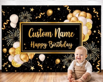 Fondo personalizado para cumpleaños en negro y dorado, pancarta personalizada para fiestas (archivo digital)