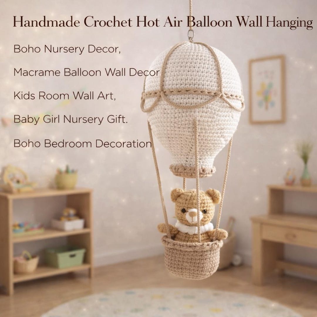 Handmade Crochet Hot Air Balloon Wall Hanging, Boho Nursery Decor, Kids ...
