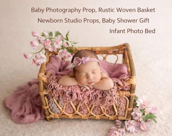 Cesta de ratán hecha a mano para fotografía de recién nacidos, accesorio rústico tejido.