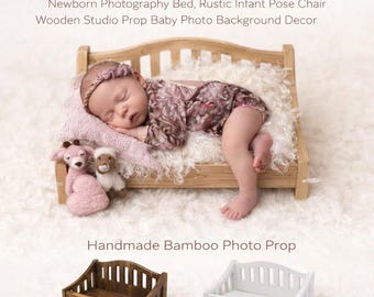 Banco de bambú hecho a mano para bebés, accesorio rústico para fotografía de recién nacidos.