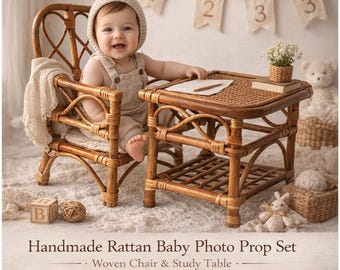 Conjunto de accesorios de ratán hechos a mano para fotos de bebés, silla y mesa tejidas