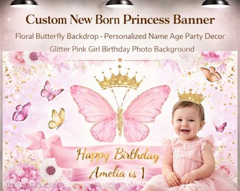 Pancarta de cumpleaños de princesa personalizada, fondo fotográfico de mariposas florales, decoración personalizada con nombre y edad.
