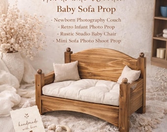 Sofá de madera hecho a mano para bebés, ideal para fotografía de recién nacidos.