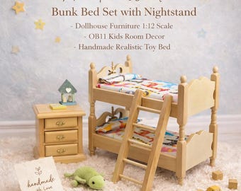 Juego de literas de madera hechas a mano con mesita de noche, muebles para casa de muñecas a escala 1:12