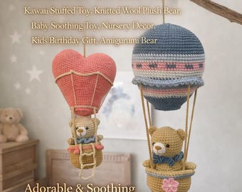 Oso de peluche de ganchillo hecho a mano, juguete amigurumi de lana kawaii, decoración relajante para la habitación del bebé.