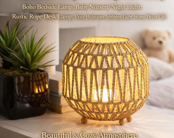 Lámpara de mesa tejida a mano con cuerda, luz nocturna estilo boho para habitación infantil, acento rústico para escritorio.