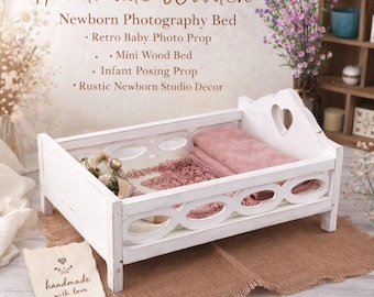 Cama de madera hecha a mano para fotografía de recién nacidos, accesorio retro para fotos de bebés, mini accesorio de madera para posar bebés.