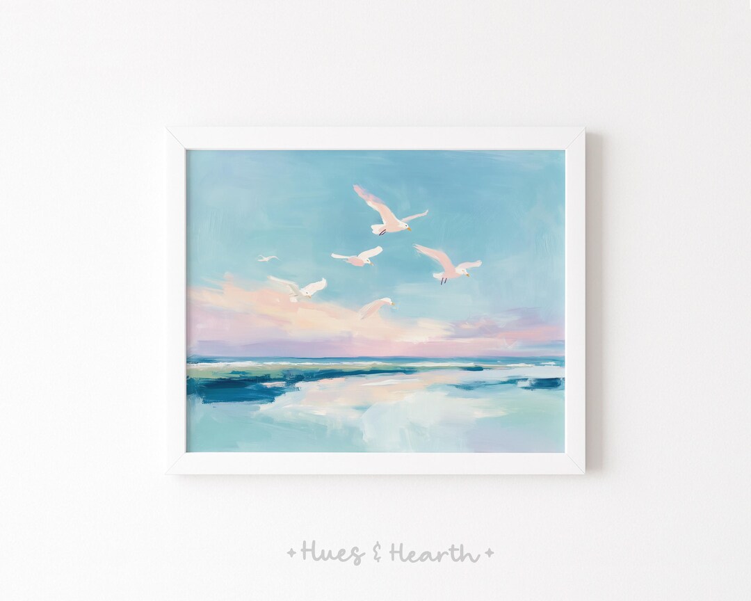 Minimalist Coastal Seagulls Watercolor Print – Pastel Beach Wall Art ...