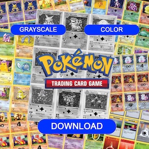 May include: A collection of Pokémon trading cards, some in color and others in grayscale. The image features the Pokémon logo and the text "Trading Card Game" and "Download".