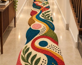 Handmade Abstract Wave Runner Rug, Tufted Boho Hallway Decor (Custom Sizes)