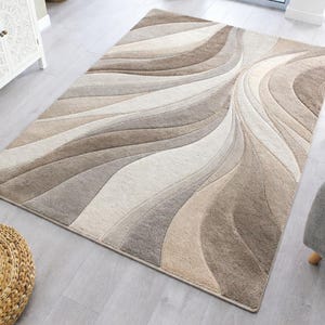 May include: A rectangular area rug with a flowing, abstract design in shades of beige, cream, and brown. The rug features a soft, textured surface and a subtle border. The pattern resembles waves or stylized leaves.