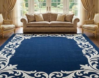 Tapete de lã luxuoso, medindo 9 x 12 pés (aproximadamente 2,74 x 3,66 m), com borda floral azul e branca, feito à mão. Tapete moderno personalizado para sala de estar.