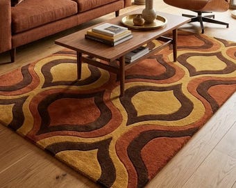 Alfombra geométrica estilo retro de los años 70, alfombra moderna de mediados de siglo, estampado ondulado en naranja, marrón y mostaza, decoración artesanal para sala de estar.