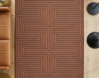 Alfombra geométrica con mechones, alfombra moderna de mediados de siglo en marrón y naranja, alfombra retro de los años 70 hecha a mano para sala de estar o dormitorio, 5 x 8 pies.