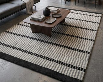 Handmade Tufted Modern Area Rug, Black White Striped Rug, Scandinavian Minimalist Living Room Carpet, Custom Size Rug living room & bedroom