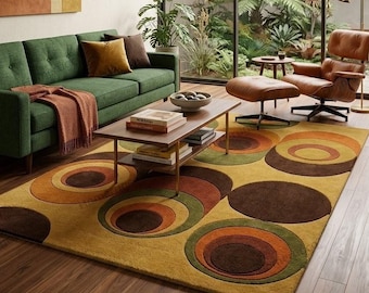 Alfombra retro hecha a mano de 8 x 10 pies, alfombra geométrica moderna de mediados de siglo, alfombra circular con diseño de surcos en tonos tierra para sala de estar.