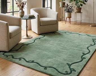 Alfombra artesanal de 1,5 x 2,1 m (5 x 7 pies) en color verde salvia, con borde botánico ondulado, decoración minimalista para sala de estar o dormitorio modernos.