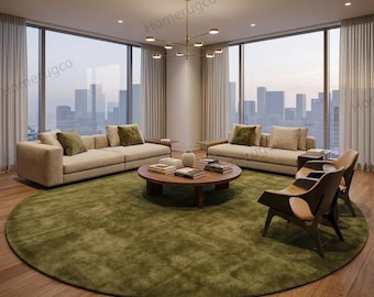 Alfombra moderna de lana verde con forma circular, tejida a mano, de 6x6 pies para sala de estar; alfombra minimalista esculpida de color verde liso de 7x7 pies para dormitorio; alfombra personalizada de 4x4 pies.