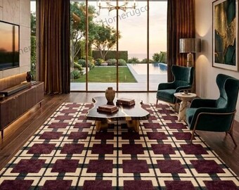 Alfombra geométrica tejida a mano, alfombra a cuadros burdeos, alfombra de pelo grueso de estilo moderno de mediados de siglo para sala de estar y dormitorio, 9x12 pies.