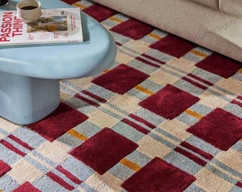 Alfombra a cuadros hecha a mano con mechones, alfombra geométrica a cuadros burdeos, alfombra moderna para sala de estar, decoración retro de mediados de siglo, alfombra personalizada