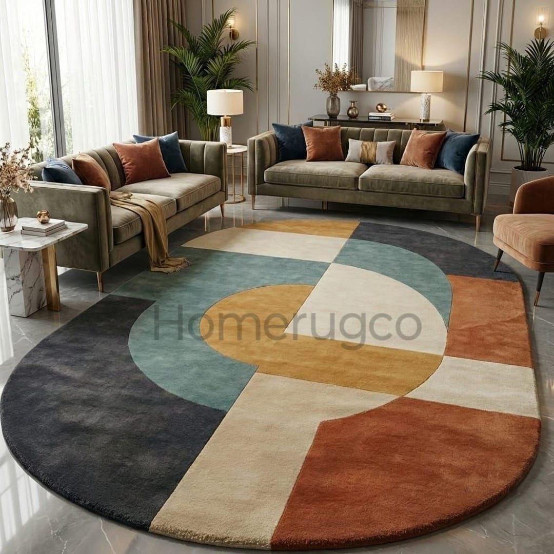 Mid Century Modern Oval Rug, Geometric Hand Tufted Carpet, Abstract ...